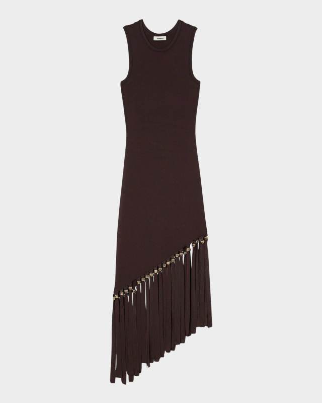 Swann Fringed and Beaded Knit Midi Dress